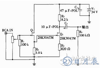 PASS ZEN1是一部增益較小的純后級，需連接前級放大器才可駁接CD等播放器。若無前級，可利用節(jié)型場效應(yīng)管2SK30自制一部前級。由于2SK30屬于耗盡型場效應(yīng)管，偏置電路變得簡單，考慮到利用PASS ZEN1的電源。實(shí)際使用的前級放大器原理圖如圖2。