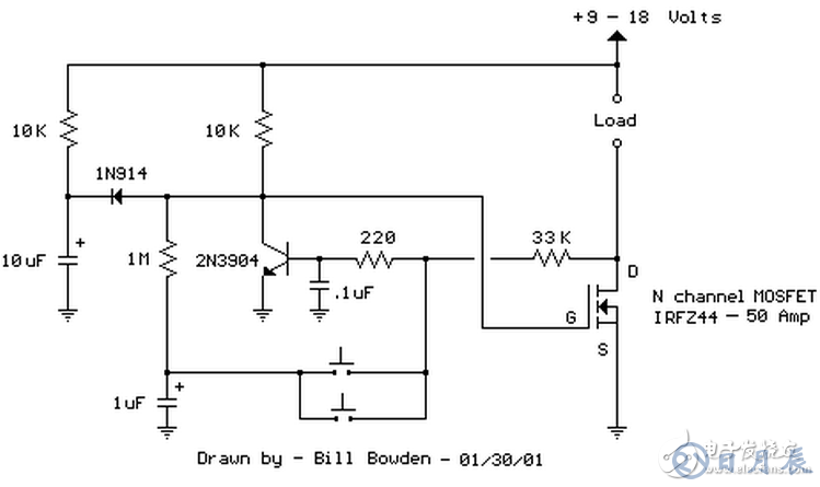 當(dāng)開(kāi)關(guān)按下時(shí)，1uF電容被連接到220歐姆和33K電阻連接點(diǎn)，NPN晶體管截止，場(chǎng)效應(yīng)管導(dǎo)通開(kāi)啟負(fù)載。釋放按鈕后，1uF電容通過(guò)1M電阻充電。第二次按下開(kāi)關(guān)，1uF電容充電后的電壓被加載到NPN晶體管基極，晶體管導(dǎo)通，場(chǎng)效應(yīng)管關(guān)閉，負(fù)載斷電。